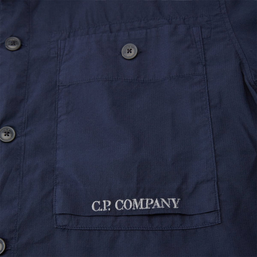 Cp Company Rip-Stop Embroidered Logo Short Sleeve Shirt in Navy
