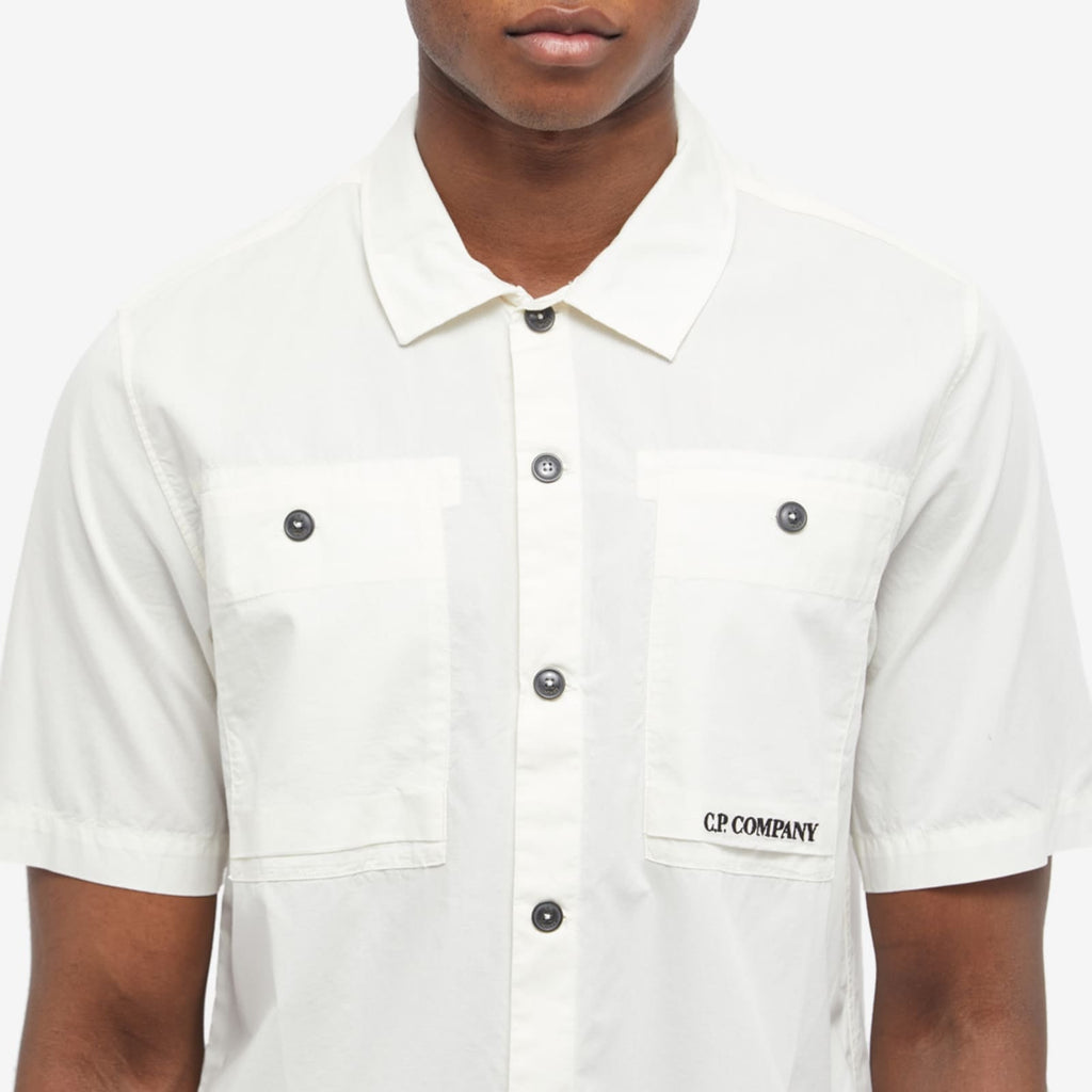 Cp Company Rip-Stop Embroidered Logo Short Sleeve Shirt in White