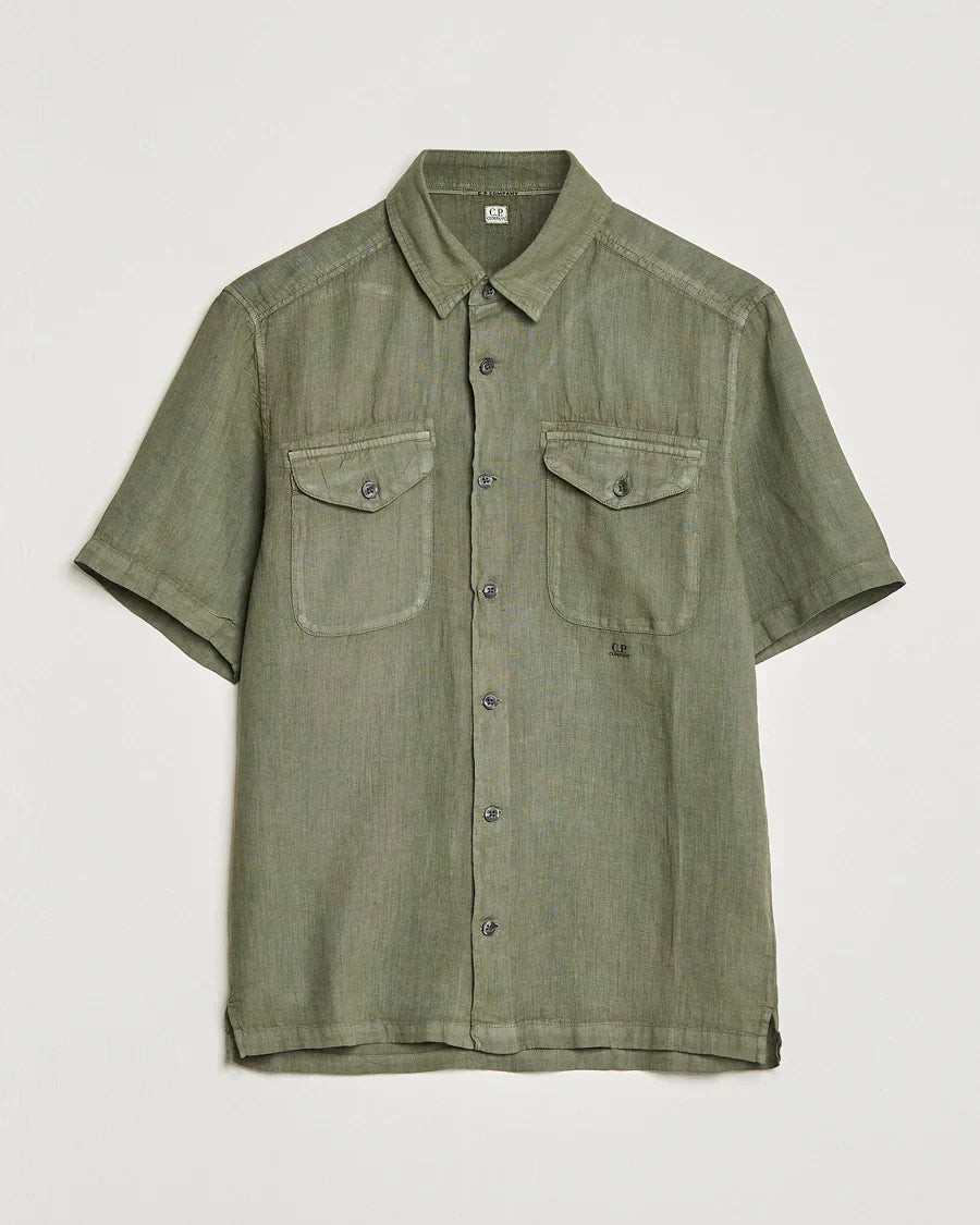 Cp Company Short Sleeve Logo Linen Shirt in Bronze Green