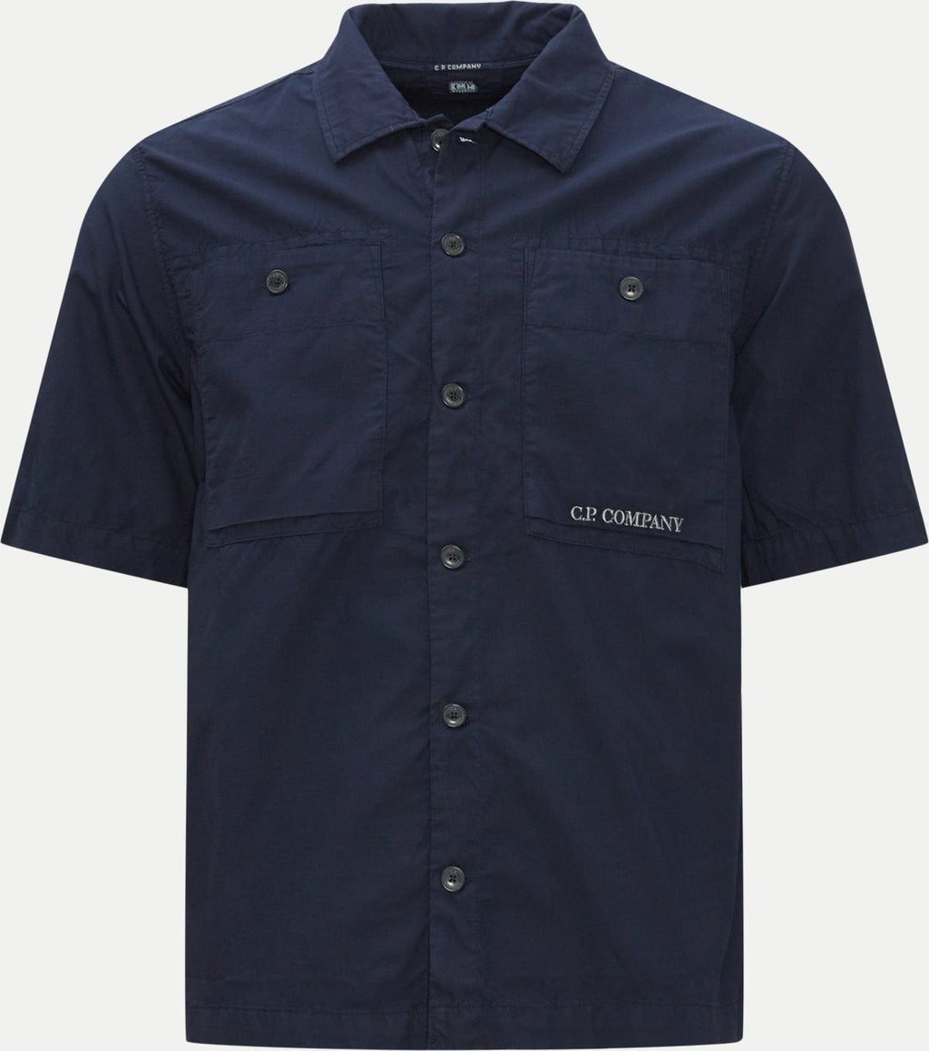 Cp Company Rip-Stop Embroidered Logo Short Sleeve Shirt in Navy