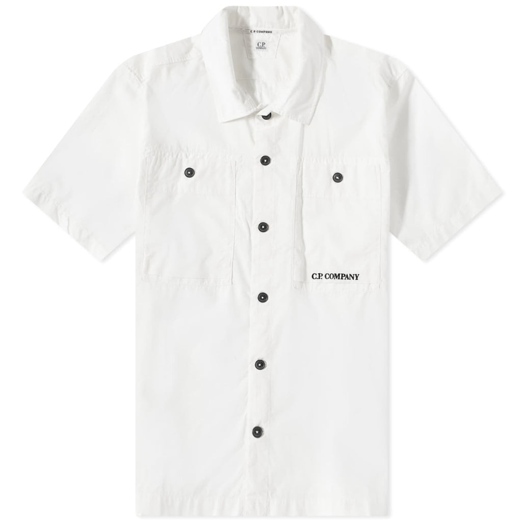 Cp Company Rip-Stop Embroidered Logo Short Sleeve Shirt in White