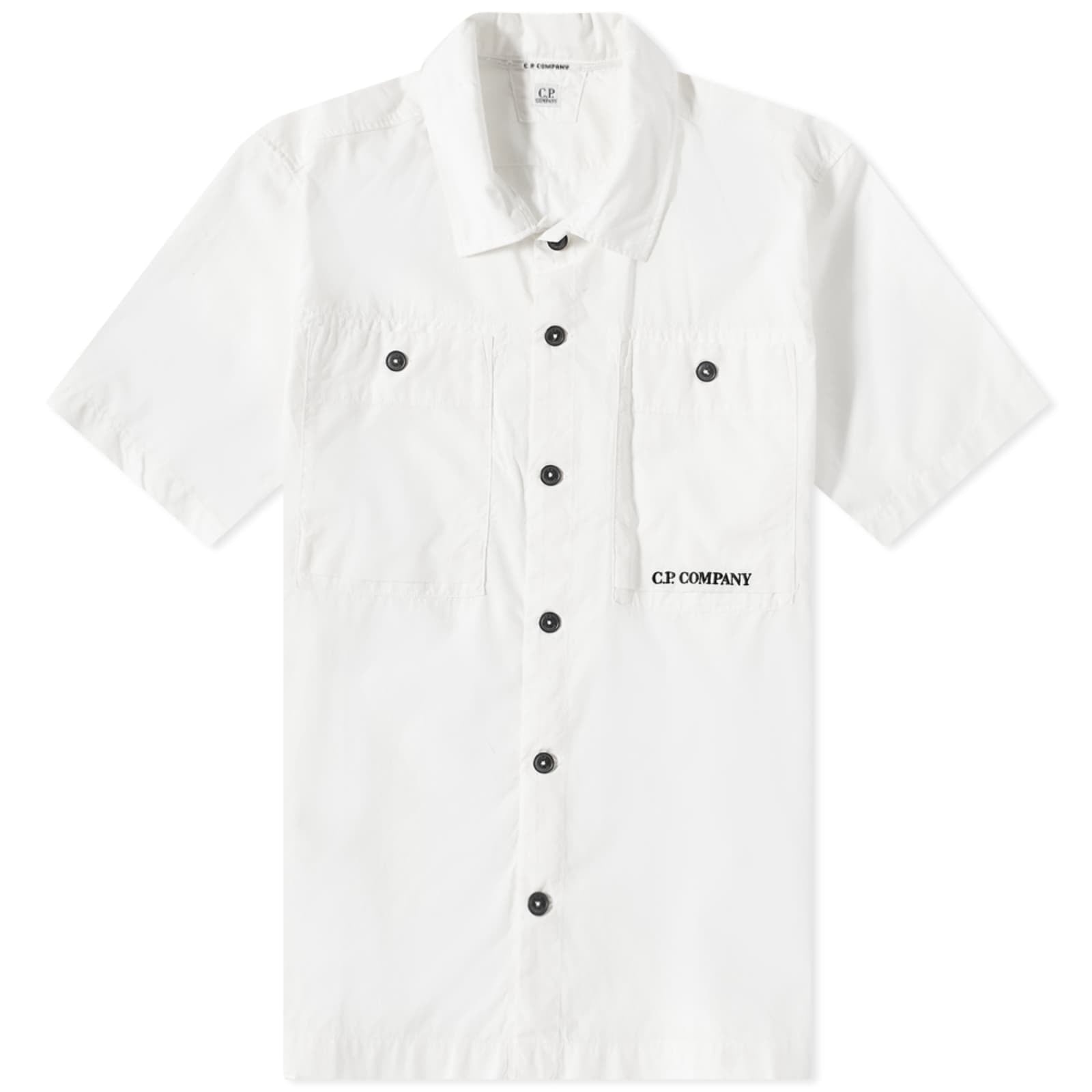 Cp Company Rip-Stop Embroidered Logo Short Sleeve Shirt in White