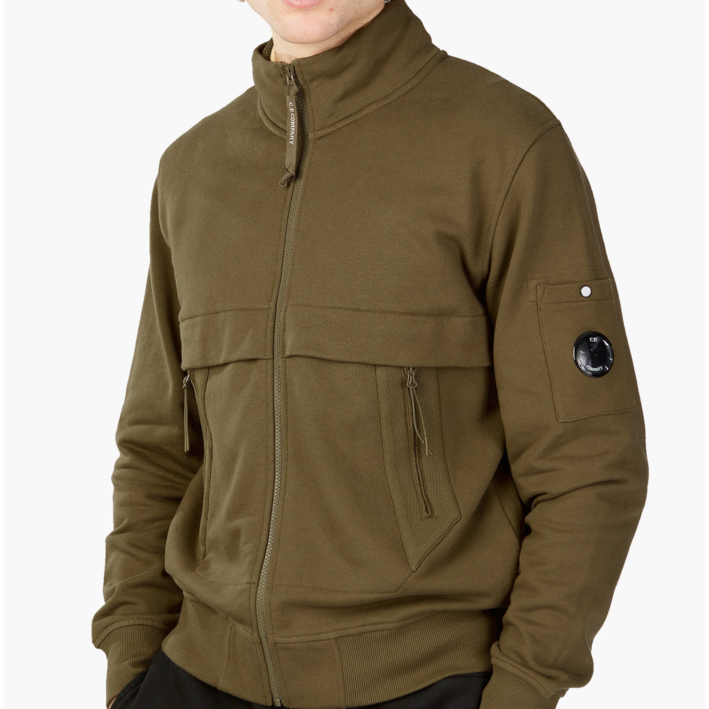 Cp Company Diagonal Raised Fleece Full Zip Lens Sweatshirt in Butternut Brown