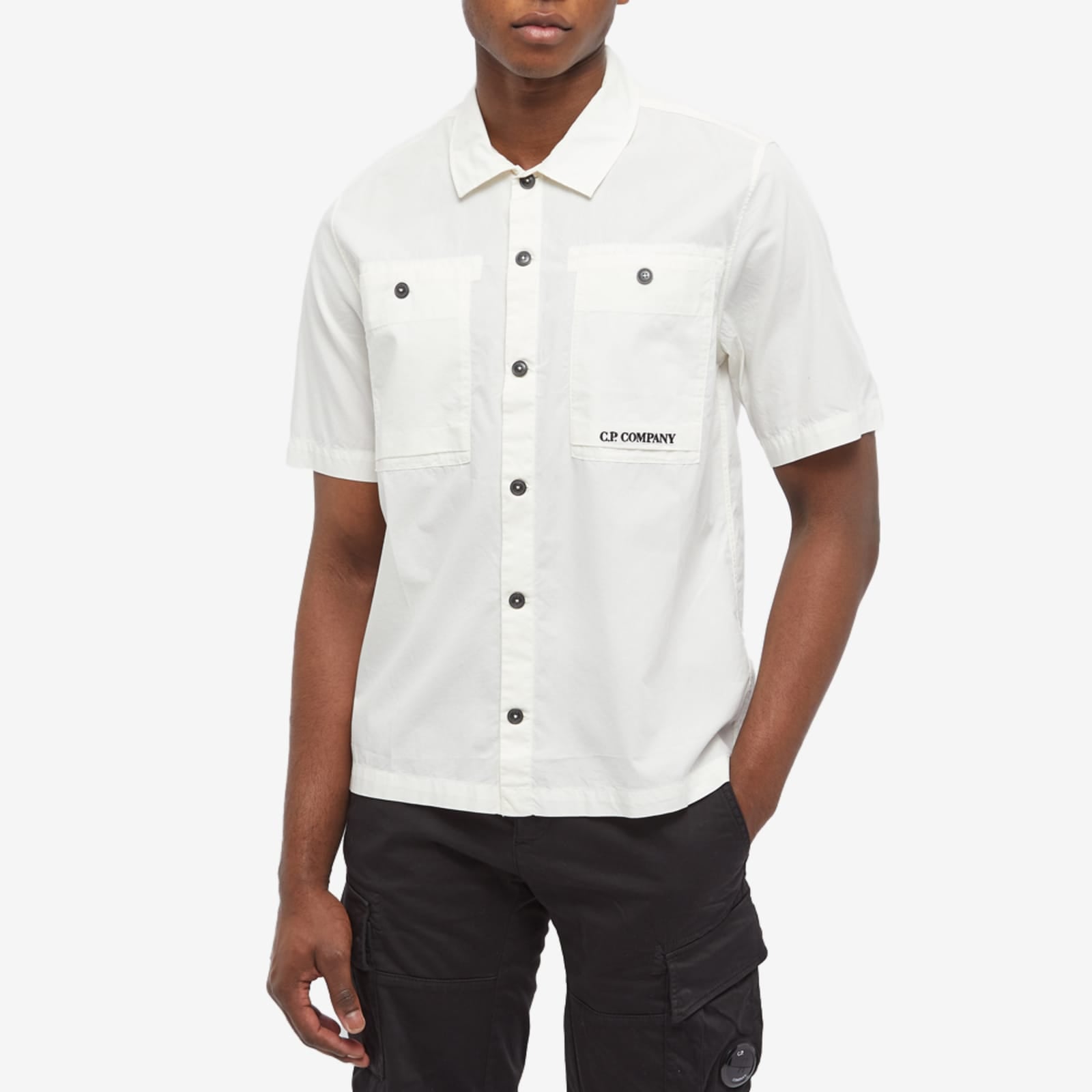 Cp Company Rip-Stop Embroidered Logo Short Sleeve Shirt in White
