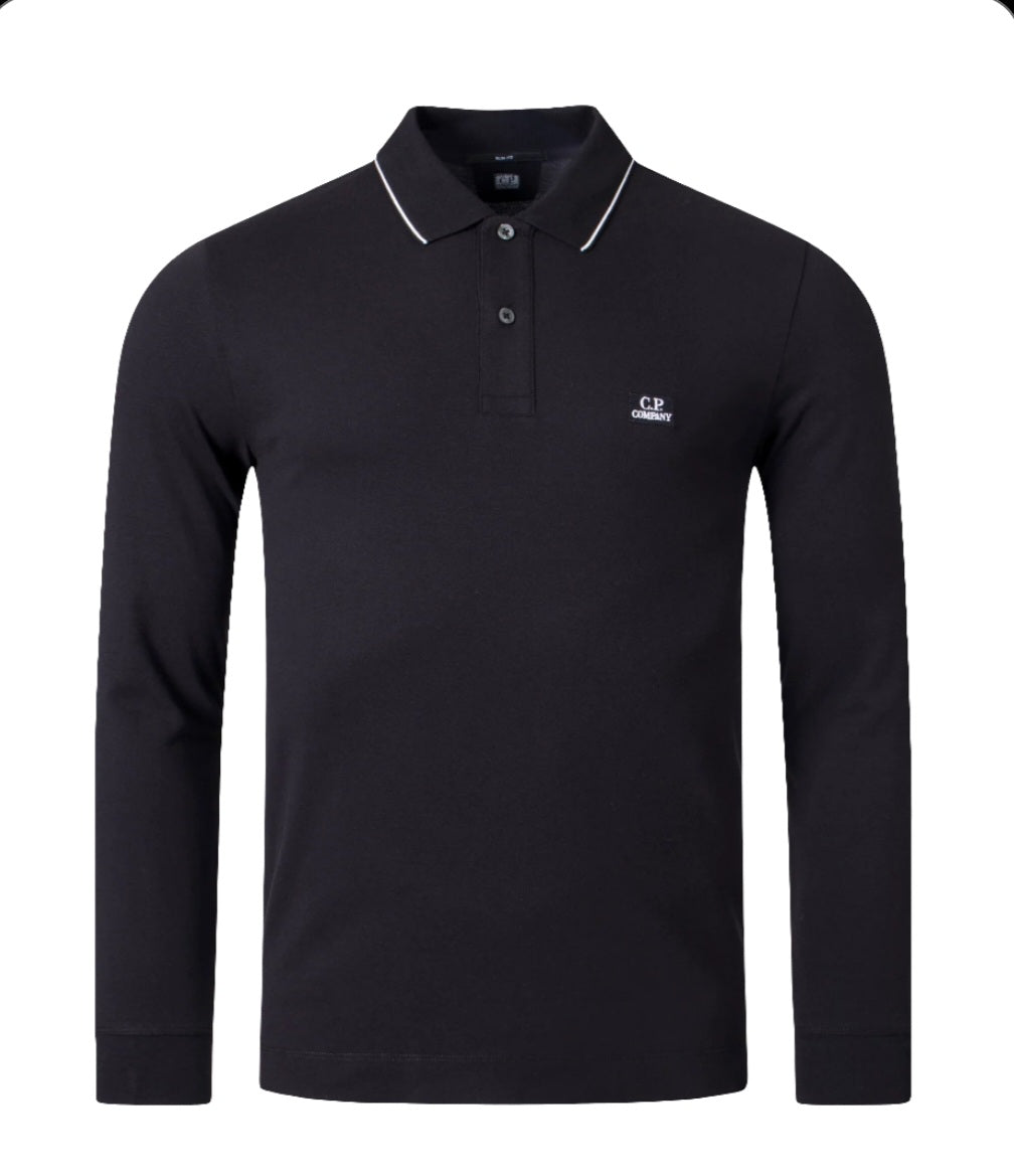 Cp Company 070A Slim Fit Long Sleeve Stretch Piquet Polo Shirt in Black